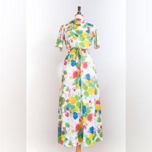 Vintage 1970s Abstract Floral Cowl Neck Maxi Dress • S